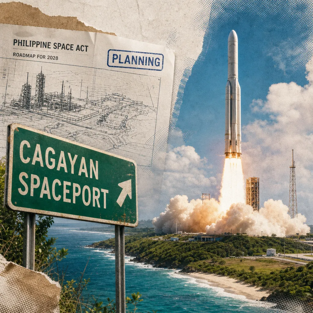 A green road sign reading "Cagayan Spaceport" points toward a coastal launch site, where a rocket is blasting off under a blue sky; above, a blueprint labeled "Philippine Space Act Roadmap for 2028" and a "Planning" stamp highlight Philippine news on spaceport plans.