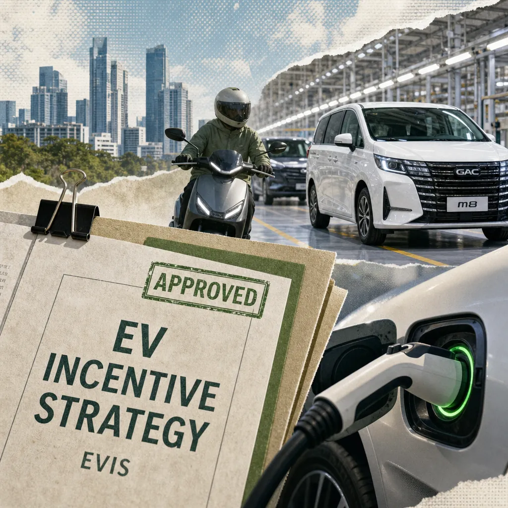 A collage showing a city skyline, a person riding an electric motorcycle, a white minivan in a factory, a close-up of an electric vehicle charging, and a document labeled "EV Incentive Strategy" with an "Approved" stamp, illustrating the Philippine auto sector's major EV push.