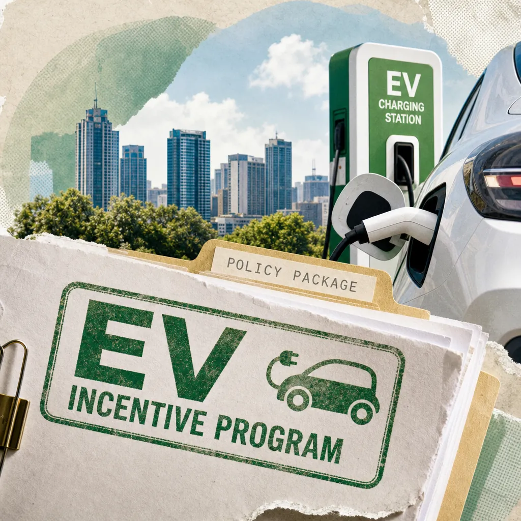 A white electric vehicle charges at an EV charging station with a city skyline in the background, while a folder labeled "EV Incentive Program" and "Policy Package" is shown in the foreground, illustrating Philippine transport shifts with new EV incentives, fare hike debates, and road safety concerns.