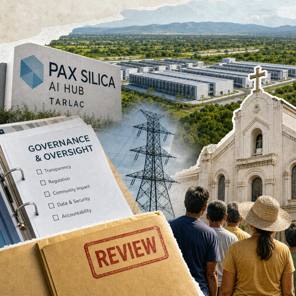 A collage showing the Pax Silica AI hub in Tarlac, a sign with its name, a power line, a church, a group of people facing the church, and documents labeled "Governance & Oversight" and "Review," illustrating the debate over the Pax Silica AI hub in Tarlac and concerns on energy, data governance, and indigenous rights.