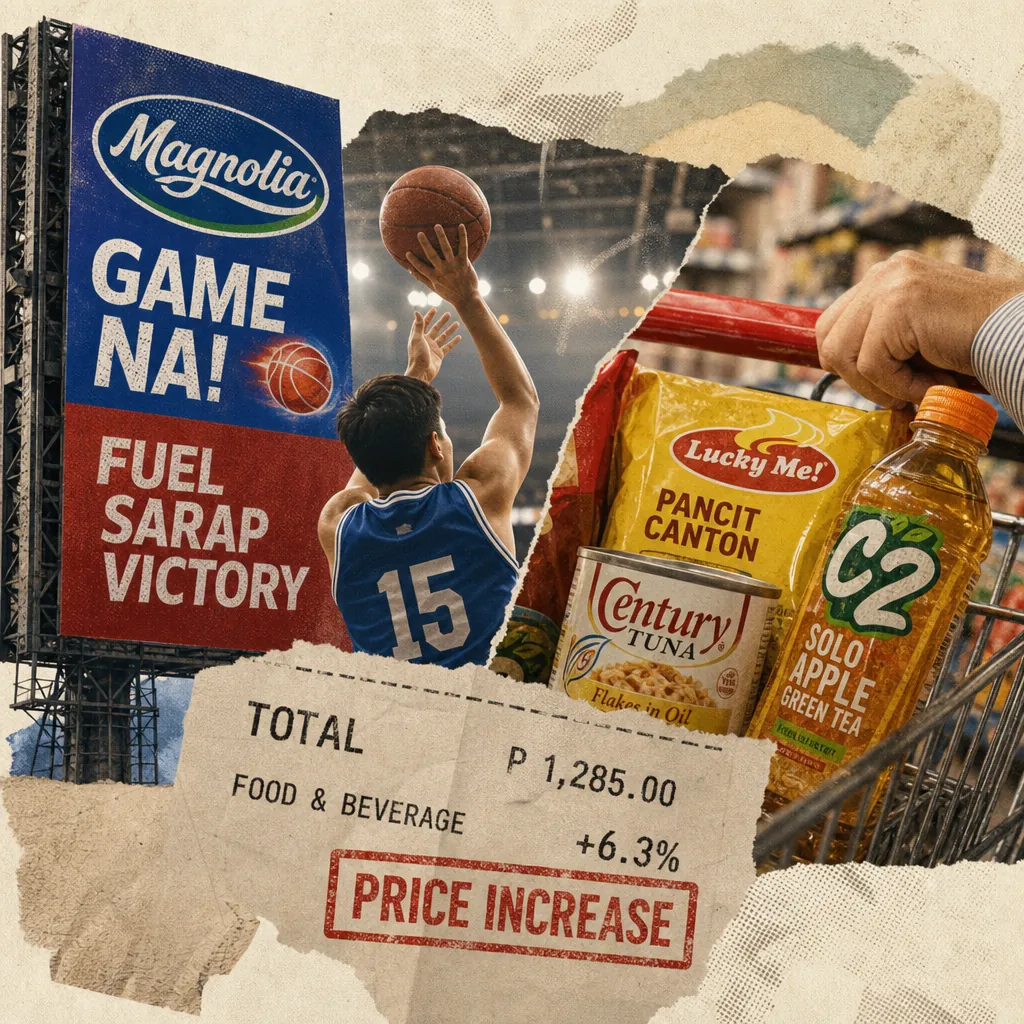 A collage showing a basketball player shooting a ball in front of a billboard with the Magnolia logo and the words "Game Na! Fuel Sarap Victory," next to a grocery cart filled with Filipino food brands like Lucky Me! Pancit Canton, Century Tuna, and C2 Solo Apple Green Tea, with a receipt showing a price increase, illustrating how Filipino food brands spark emotional farewells and sports buzz, while MSME resilience, rising costs, and sustainability shape the evolving consumer conversation.