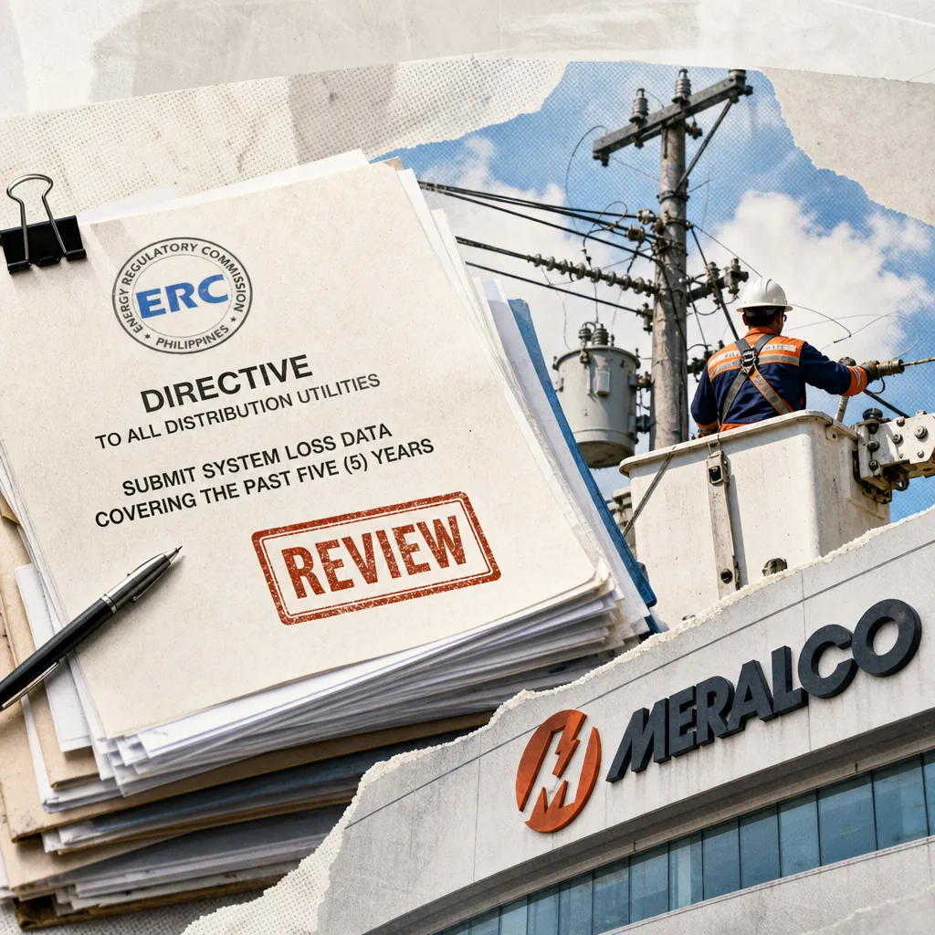 A collage showing a stack of documents labeled "ERC Directive: Submit System Loss Data Covering the Past Five Years" with a "Review" stamp, a utility worker repairing power lines, and the Meralco building, illustrating the ERC orders utilities to submit system loss data after Marcos’s SONA call.