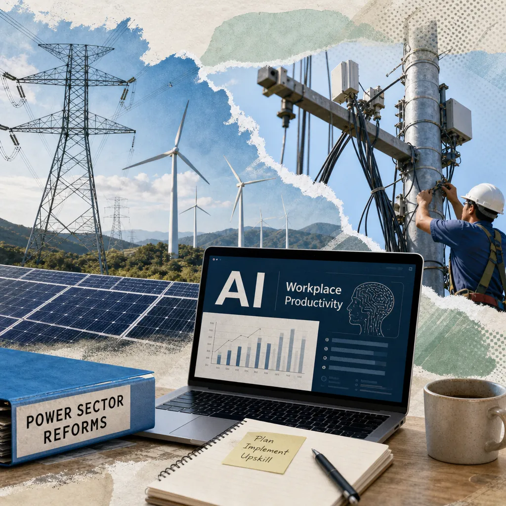 A collage showing power lines, wind turbines, and solar panels representing power sector reform, a worker fixing telecom cables, and a laptop displaying AI workplace productivity, with a binder labeled "Power Sector Reforms" and a notepad, illustrating power sector reform, telco giants' undersea cable plan, and rapid AI adoption.