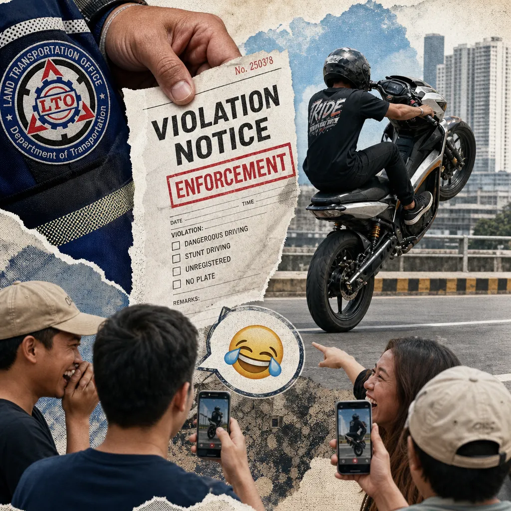 A collage showing a close-up of an LTO officer holding a violation notice marked "enforcement," a motorcyclist performing a wheelie on a city street, and a group of people laughing and recording the stunt on their phones, illustrating LTO’s crackdown on viral road stunts.