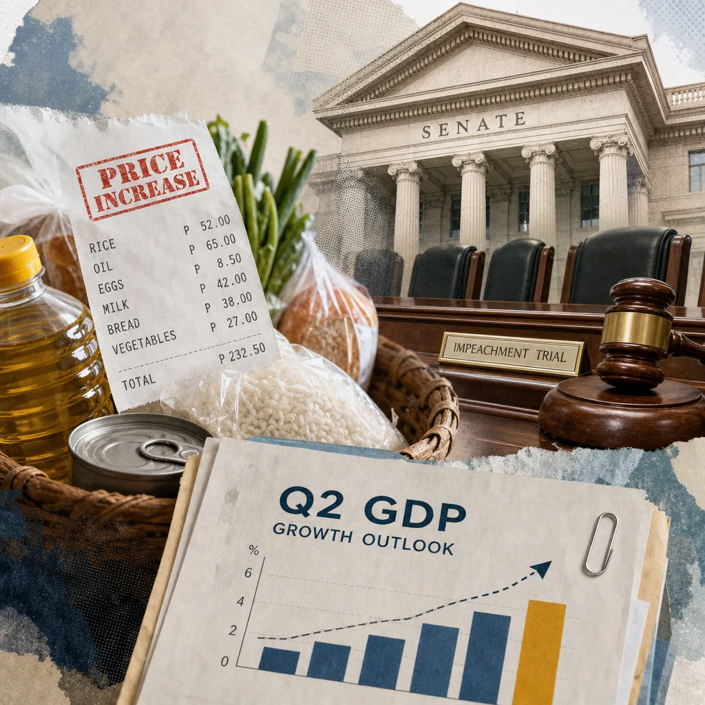 A collage showing a basket of groceries with a receipt labeled "price increase," a Q2 GDP growth outlook chart, and the Philippine Senate chamber with a gavel and "impeachment trial" sign, illustrating the Philippines braces for key inflation and GDP data amid economic slowdown, political uncertainty, corruption scandals, and calls for transparency and reform.