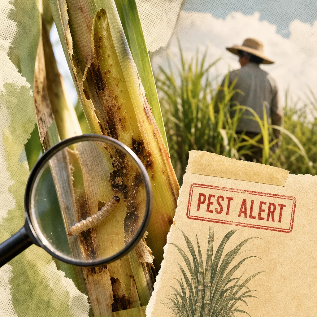 A close-up of a sugarcane stalk infested with pests, shown under a magnifying glass, with a "Pest Alert" notice and a farmer standing in a sugarcane field in the background, illustrating the keyphrase "Philippines news: PBA games thrill fans, inflation holds at 6.4%, MSMEs urged to formalize, sugar pest threatens crops, and business confidence rebounds."