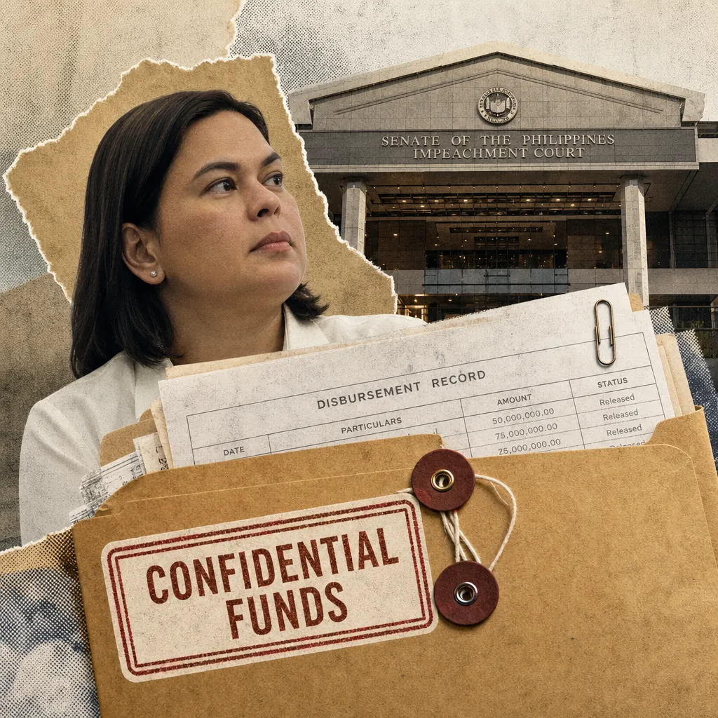 A woman looks to the side in front of the Senate of the Philippines Impeachment Court, with a large folder labeled "Confidential Funds" and disbursement records, illustrating confidential funds scrutiny.