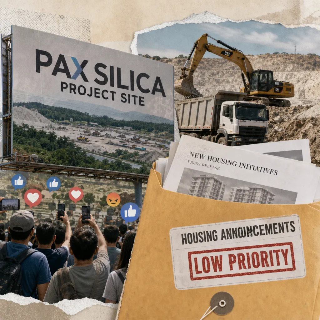 A collage showing a large billboard for the Pax Silica project site, construction equipment at a quarry, a crowd taking photos with social media reaction icons, and a folder labeled "Housing Announcements Low Priority" with documents about new housing initiatives, illustrating how Philippine real estate news is dominated by the Pax Silica project.