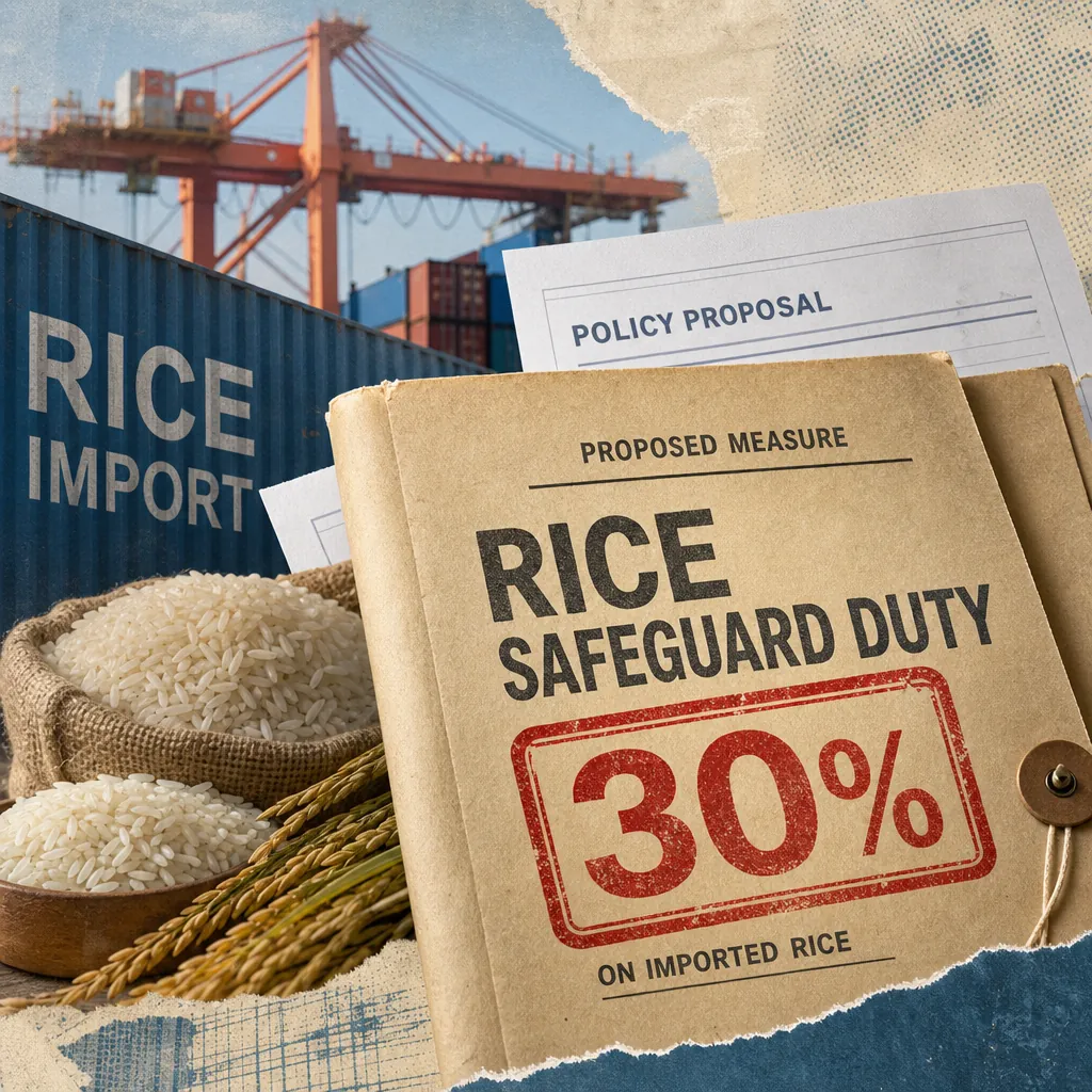 A collage showing sacks and bowls of rice, a shipping container labeled "Rice Import," a port crane, and a folder marked "Proposed Measure: Rice Safeguard Duty 30% on Imported Rice," illustrating the rice safeguard duty proposal that stirs early policy debate.