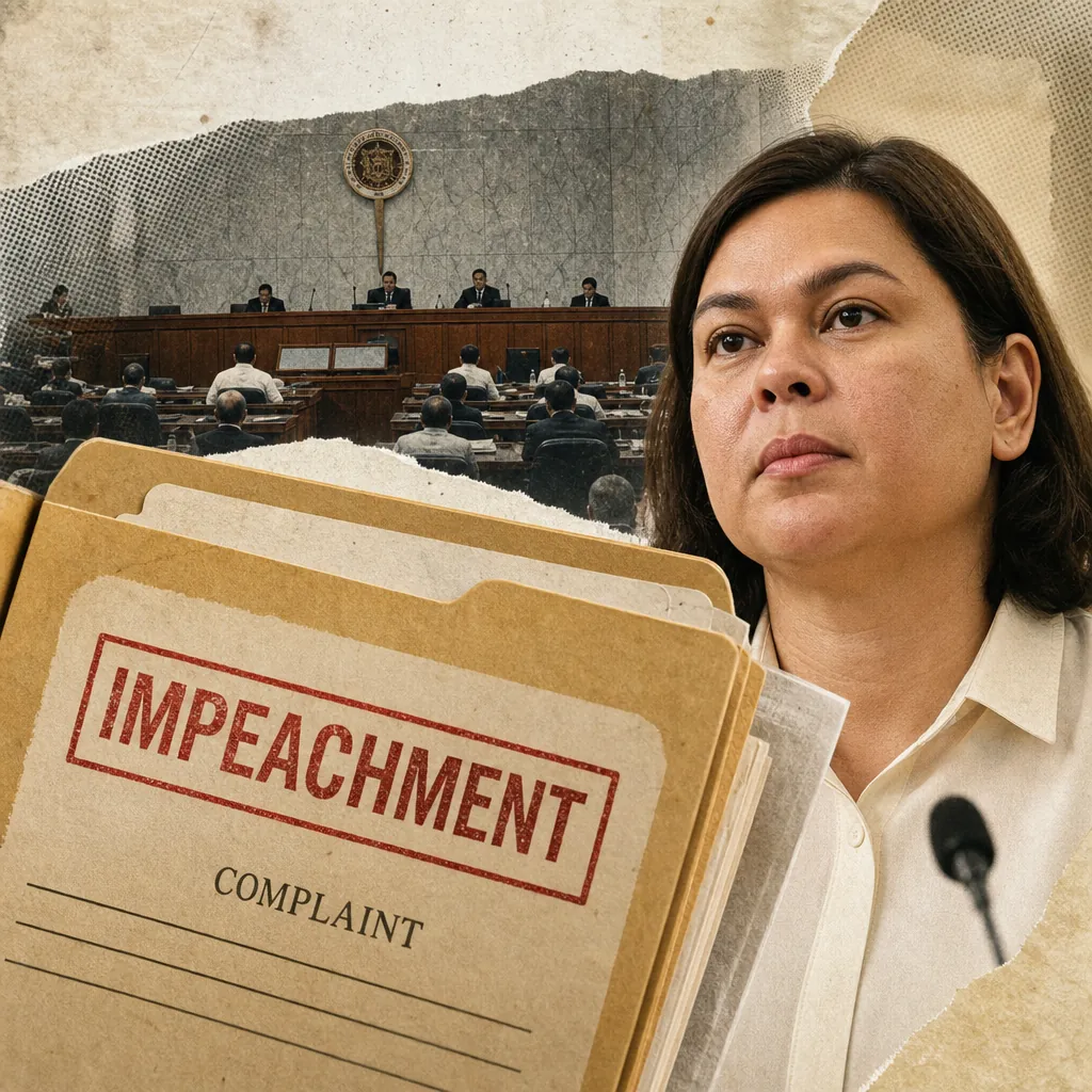 A serious woman in a white shirt stands in front of a courtroom scene, with a large folder labeled "IMPEACHMENT COMPLAINT" in the foreground, illustrating the Sara Duterte impeachment trial, one of the Philippines' top stories.