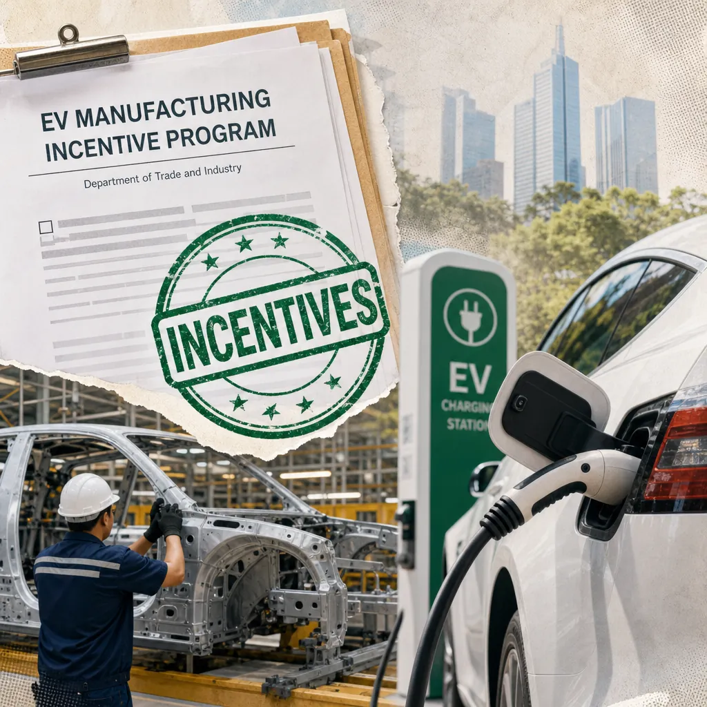 A collage showing a document labeled "EV Manufacturing Incentive Program" with a large "Incentives" stamp, a worker assembling a car frame in a factory, and an electric vehicle charging at an EV charging station, illustrating EV incentives to boost local manufacturing.