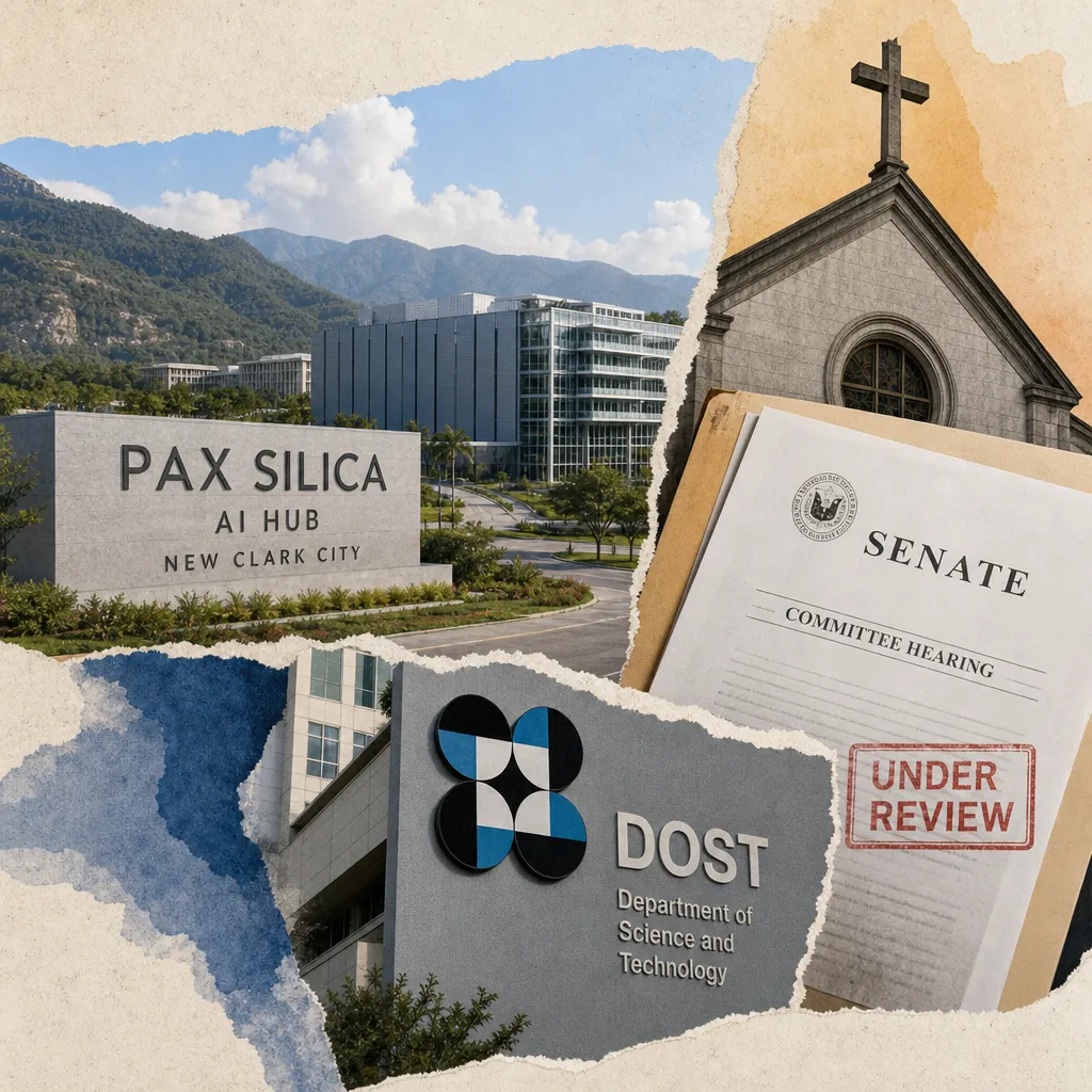 Collage showing the Pax Silica AI Hub building in New Clark City, a church with a cross, a Senate committee hearing folder marked "Under Review," and the Department of Science and Technology (DOST) sign, illustrating Philippine business debates US-backed Pax Silica AI hub amid opposition and real estate shifts.