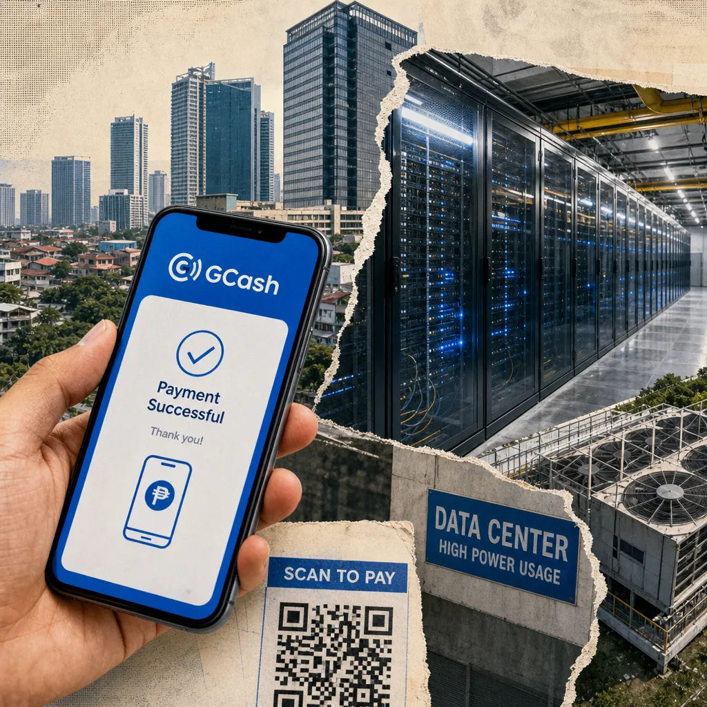 A collage showing a hand holding a smartphone with a successful digital payment on GCash, a QR code for scanning to pay, a city skyline with tall buildings, and a modern data center, illustrating Philippine economic outlook, digital payments innovation, and global data center backlash.