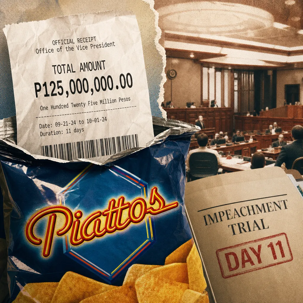 A collage showing a courtroom scene, a large receipt labeled "Office of the Vice President" with a total amount of 125 million pesos, an open bag of Piattos chips, and a folder marked "Impeachment Trial Day 11," illustrating how VP Sara Duterte’s impeachment trial dominated Philippine media with viral “Piattos” receipts, audit drama, and memes.