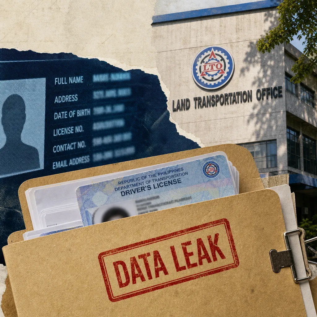 A folder labeled "DATA LEAK" containing Philippine driver's licenses is shown in front of the Land Transportation Office building, with a blurred digital profile and personal information in the background, illustrating LTO faces a major data leak.
