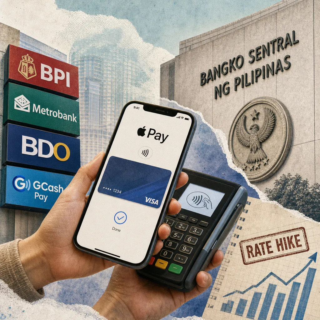 A person holds a smartphone displaying Apple Pay next to a payment terminal, with logos of BPI, Metrobank, BDO, and GCash Pay, the Bangko Sentral ng Pilipinas building, and a chart labeled "rate hike," illustrating Apple Pay launches in the Philippines as BSP signals another rate hike.