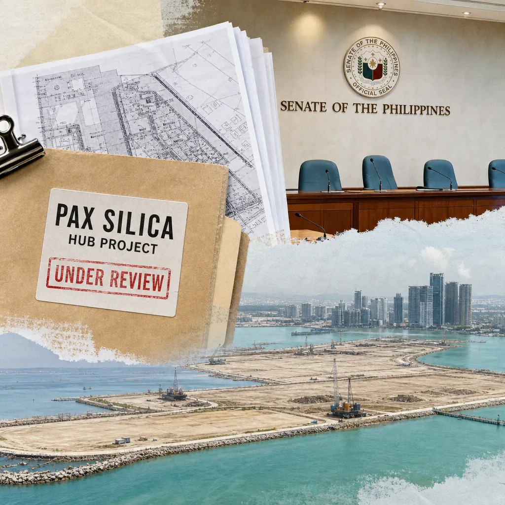 A collage showing a folder labeled "Pax Silica Hub Project Under Review" with building plans, the Senate of the Philippines chamber, and a coastal construction site with cranes and high-rise buildings in the background, illustrating political scrutiny, calls for transparency, and environmental concerns shaping Philippine property and infrastructure.