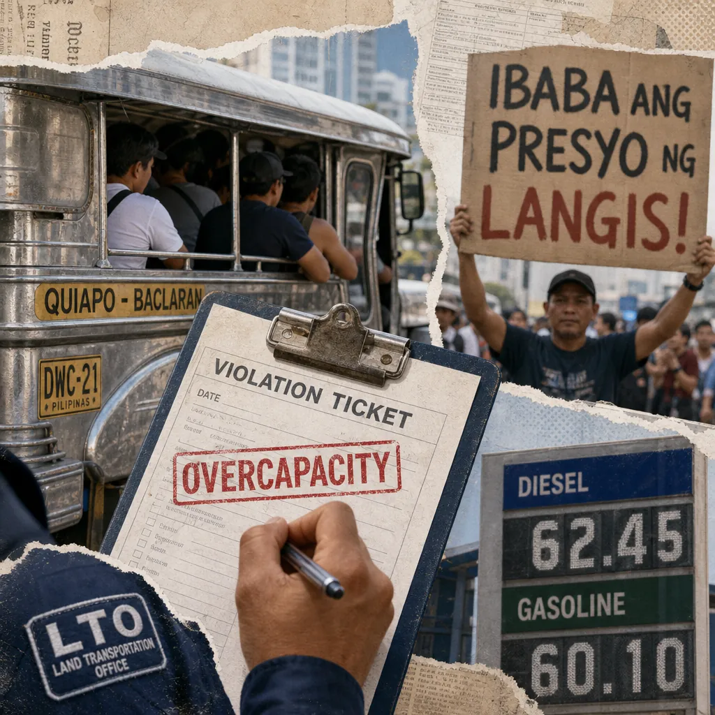 A collage showing a crowded jeepney, an LTO officer writing an overcapacity violation ticket, a protester holding a sign demanding lower oil prices, and a fuel price board, illustrating Philippine transport faces LTO enforcement, data breach fears, fuel price protests, and public skepticism.