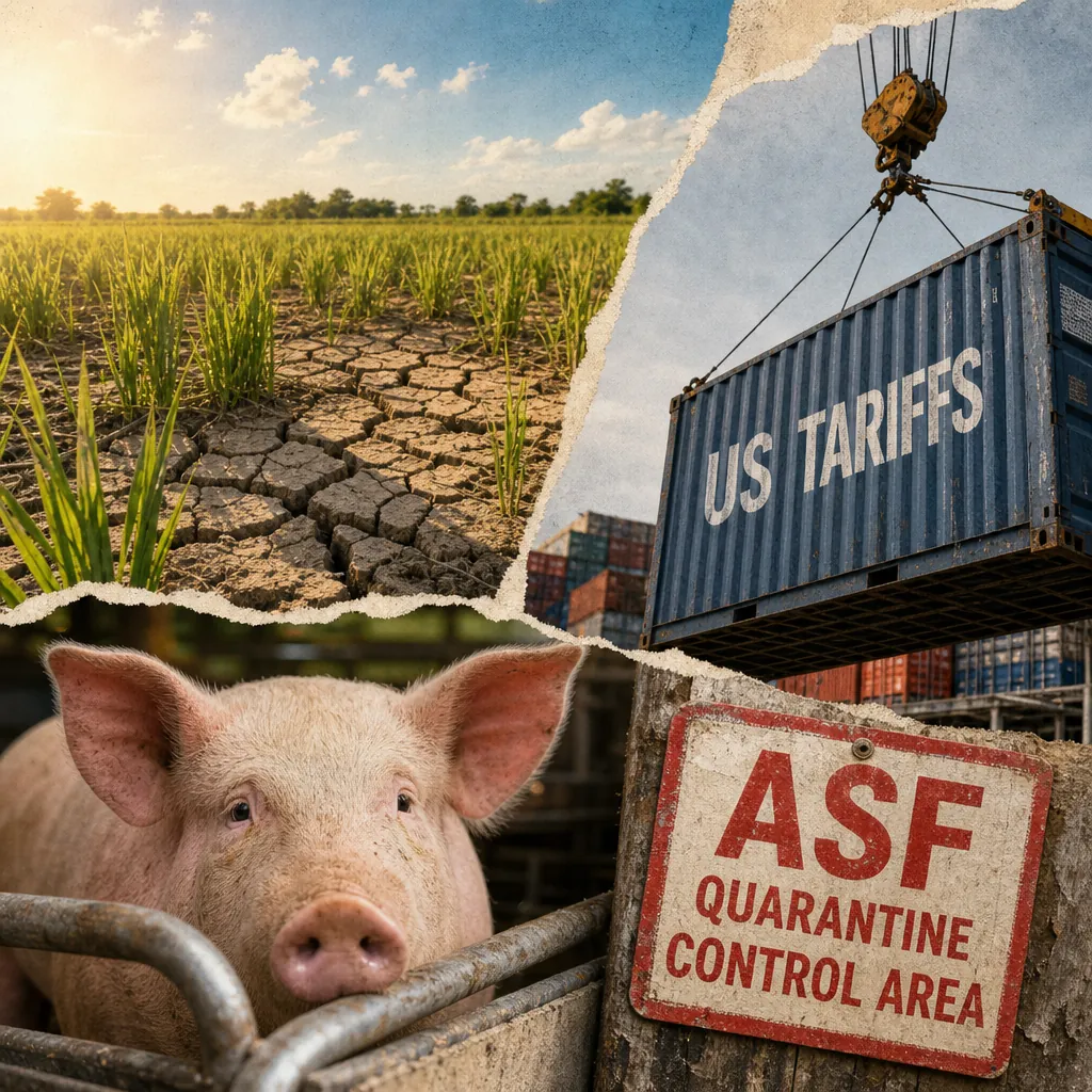 Collage showing a cracked, dry rice field under the sun, a shipping container labeled "US TARIFFS" being lifted by a crane, and a pig behind a fence next to an "ASF Quarantine Control Area" sign, illustrating Philippine news focused on rice imports amid farmer protests, new US tariffs, African swine fever, El Niño prep, and viral stories of family sacrifice.