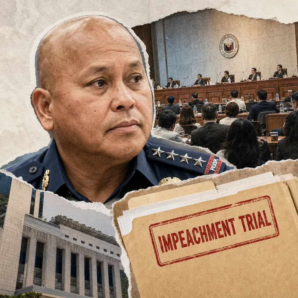 A collage showing a serious-looking man in a police uniform, a government building, a courtroom scene with officials and attendees, and a folder labeled "IMPEACHMENT TRIAL," illustrating rumors of Senator dela Rosa’s arrest, VP Duterte’s impeachment trial, corruption probes, and Senate infighting.