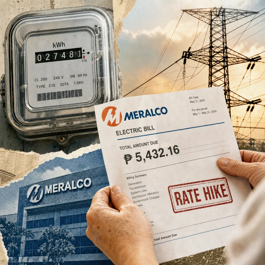 A collage showing an electric meter, a Meralco office building, power lines at sunset, and hands holding a Meralco electric bill with a high amount and a "RATE HIKE" stamp, reflecting cautious optimism.
