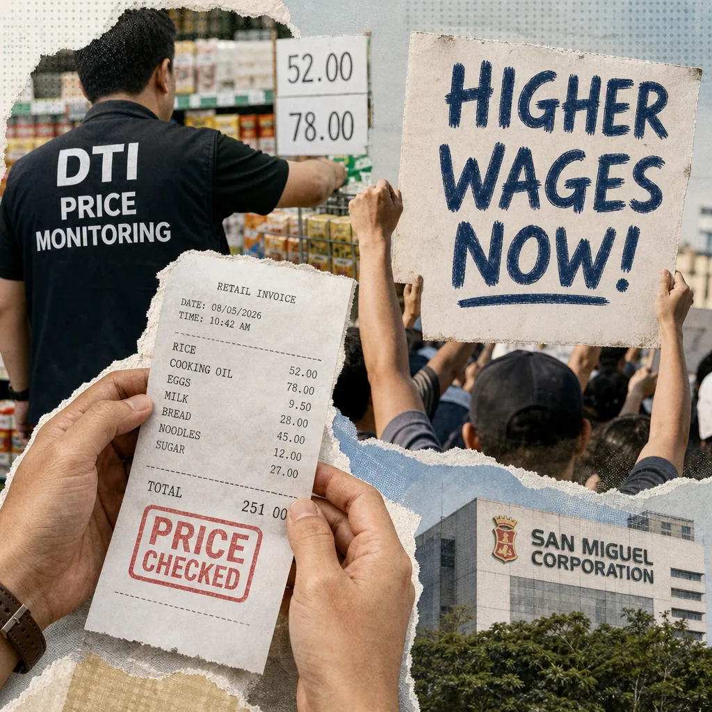A collage showing a government worker monitoring food prices in a grocery store, a close-up of a receipt with high prices, a crowd holding a sign that says "HIGHER WAGES NOW!", and the San Miguel Corporation building, illustrating government monitors rising food prices as labor groups push for wage hikes; inflation, San Miguel earnings, and PBA sports dominate Filipino social discourse.