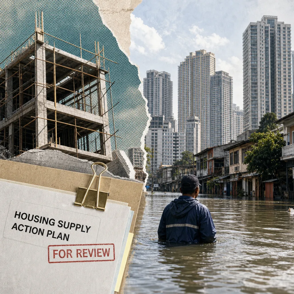 A collage showing a construction site, a flooded urban street with a person wading through water, high-rise buildings, and a folder labeled "Housing Supply Action Plan For Review," illustrating Philippine real estate facing weather disruptions, legacy branding, policy debates, and rising public scrutiny, with resilience and sustainability key to future growth.