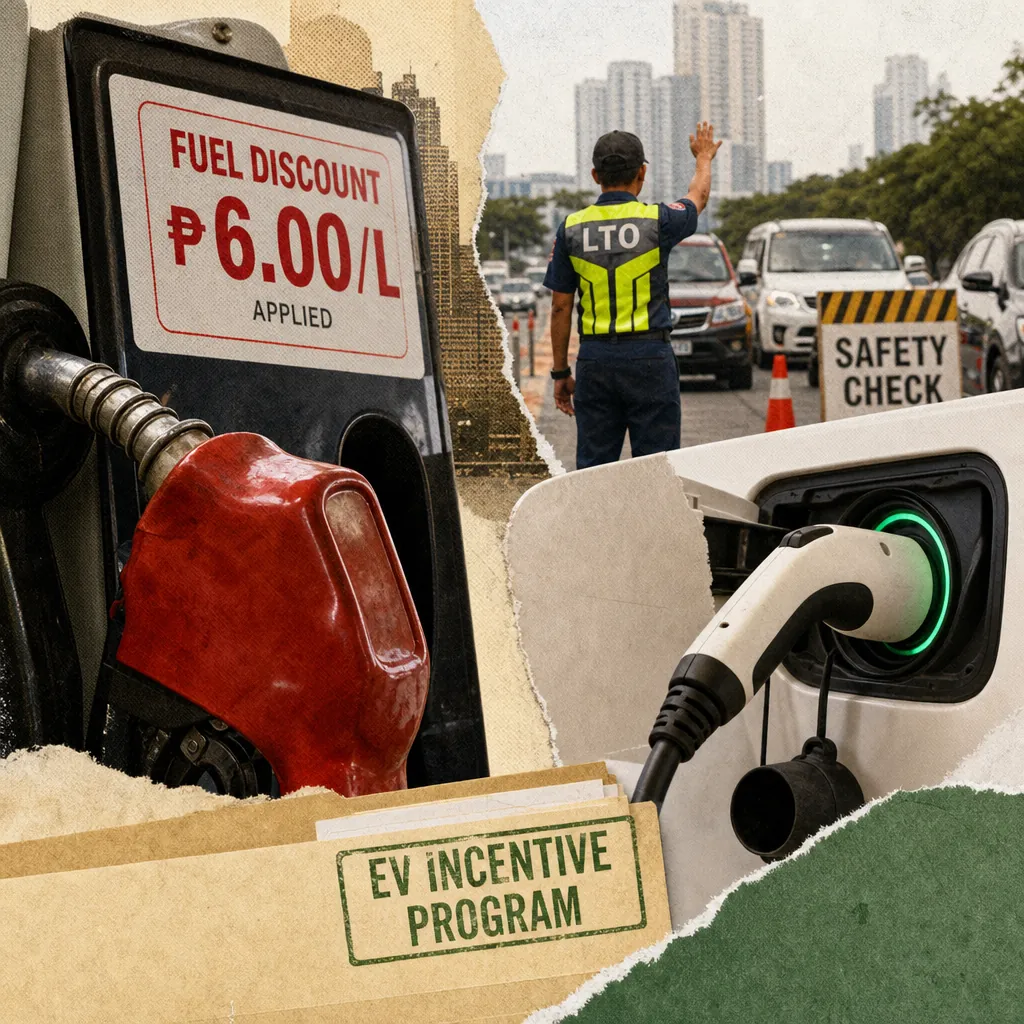 A collage showing a fuel pump with a fuel discount sign, a traffic enforcer conducting a safety check on cars, an electric vehicle charging, and a folder labeled "EV Incentive Program," illustrating the Philippine auto sector faces stricter enforcement, fuel discounts, EV incentives, tragic accidents, and dealership trust issues, revealing a market at a crossroads.
