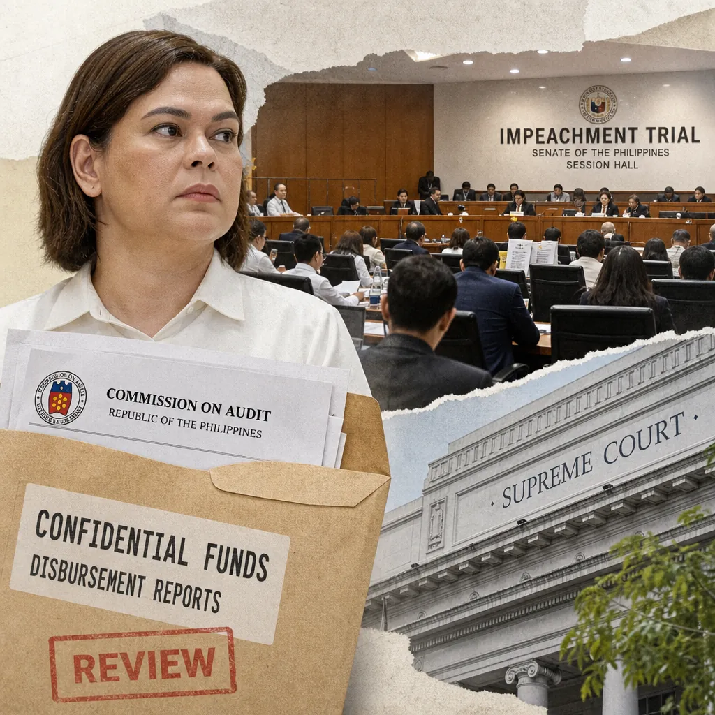 A woman stands holding a large envelope labeled "Confidential Funds Disbursement Reports" and "Commission on Audit," with a Senate impeachment trial in session and the Supreme Court building in the background, illustrating the Senate impeachment trial of VP Sara Duterte.