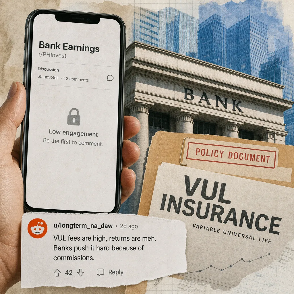 A collage showing a hand holding a phone with a low engagement post about bank earnings, a large bank building in the background, a VUL insurance policy document, and a social media comment criticizing VUL insurance, illustrating consumer distrust of VUL insurance and agent motives.