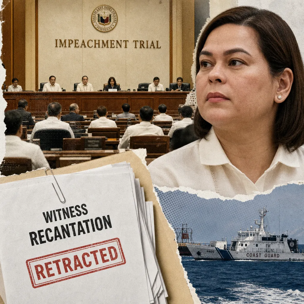A collage showing a courtroom scene labeled "Impeachment Trial," a serious woman in a white blouse, a stack of papers marked "Witness Recantation Retracted," and a Coast Guard ship at sea, illustrating the impeachment trial of VP Sara Duterte, credibility crises, West Philippine Sea tensions, and economic woes dominating a polarized, distrustful Philippine public.