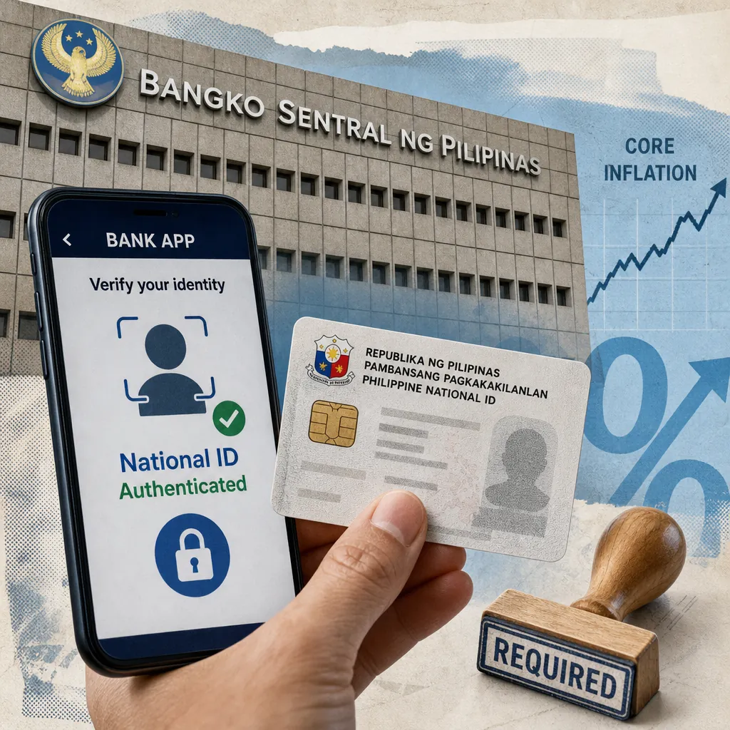 A hand holds a Philippine National ID card in front of a smartphone showing a bank app with "National ID Authenticated," with the Bangko Sentral ng Pilipinas building, a "Required" stamp, and a rising inflation graph in the background, illustrating Philippine banks face new National ID rules and persistent inflation.