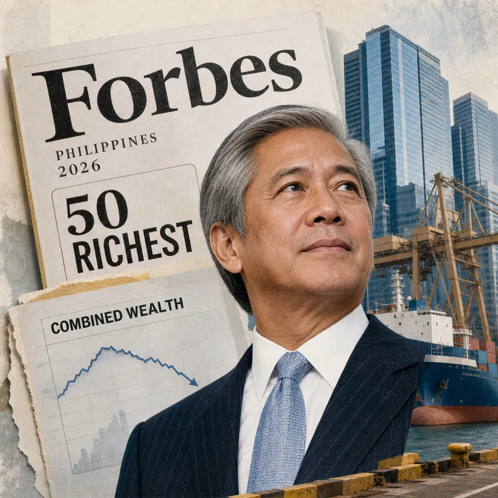 A confident businessman in a suit stands in front of a port and skyscrapers, with a Forbes Philippines 50 Richest magazine cover and a chart showing shrinking elite wealth, illustrating Enrique Razon tops Forbes' PH rich list as elite wealth shrinks.