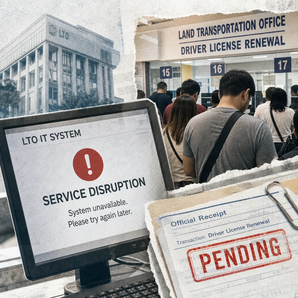 A collage showing a Land Transportation Office building, a crowded driver license renewal area, a computer screen displaying "LTO IT SYSTEM SERVICE DISRUPTION," and a receipt marked "PENDING," illustrating the Philippine auto sector faces LTO IT crisis.