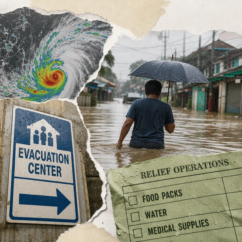 A collage showing a man wading through a flooded street with an umbrella, a swirling storm image, an evacuation center sign, and a relief operations checklist, illustrating Philippines news: Govt expands fuel aid, averts transport strike; housing bill passes; mixed corporate earnings; storm causes deaths, class suspensions; Pax Silica debate.