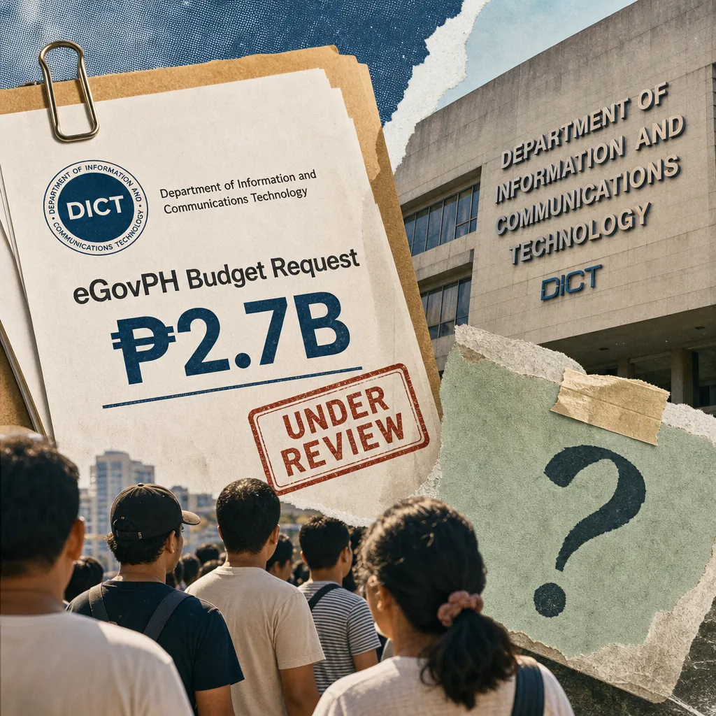 A collage showing a crowd of people, a government building labeled Department of Information and Communications Technology, and a document with “eGovPH Budget Request ₱2.7B UNDER REVIEW,” illustrating public reactions to Philippine digital infrastructure.