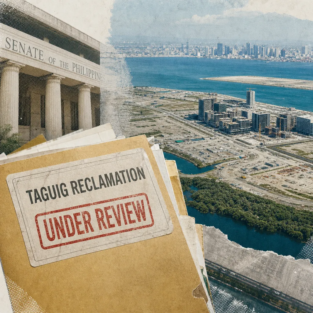 A collage showing the Senate of the Philippines building, an aerial view of a coastal reclamation site with construction, and a folder labeled "Taguig Reclamation Under Review," illustrating how monsoon floods, Senate reclamation probe, and Pax Silica AI hub shape Philippine real estate.