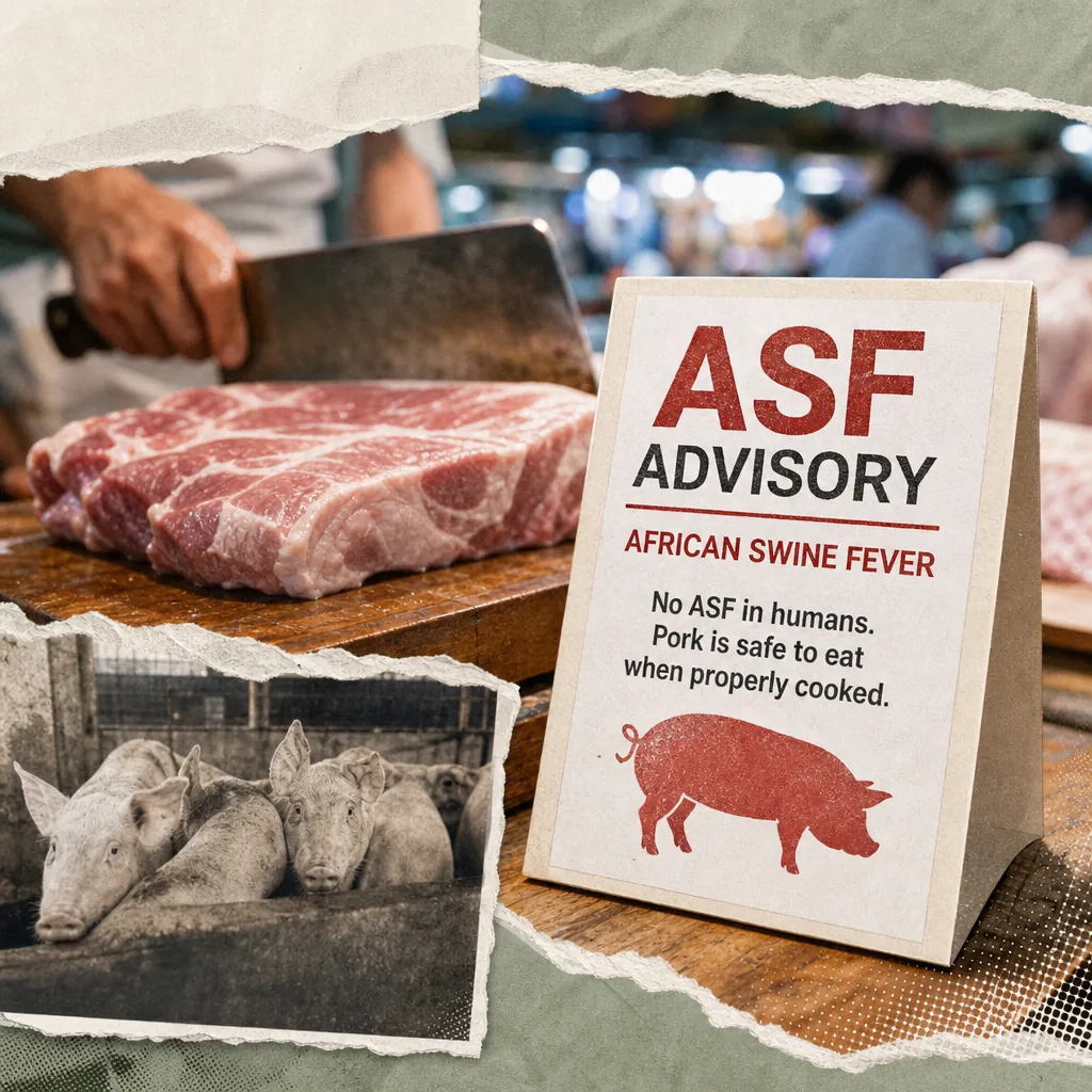 A market scene with a butcher slicing raw pork beside a sign warning about African Swine Fever, and an inset photo of pigs, illustrating economic anxiety and rising food costs.