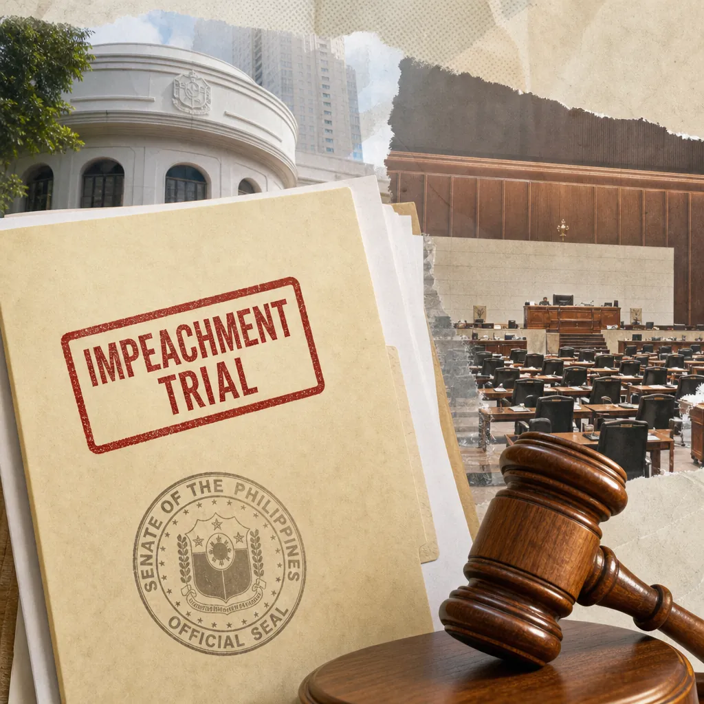 A collage showing a Senate building, an empty legislative chamber, a gavel, and a folder labeled "Impeachment Trial" with the Senate of the Philippines seal, illustrating political turmoil over VP Duterte’s impeachment.