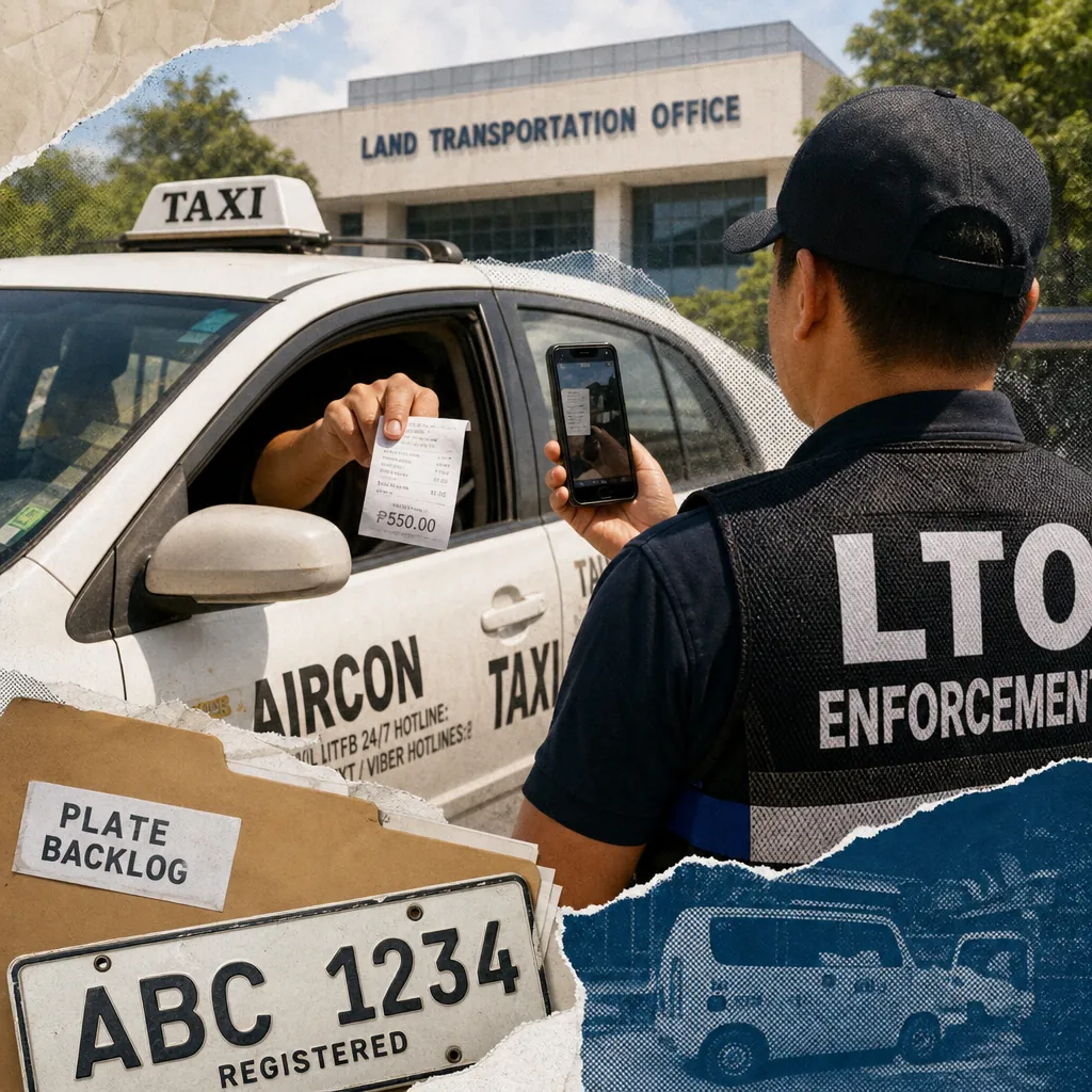A viral taxi scam and swift LTO enforcement dominate Philippine auto news, showing an LTO officer photographing a taxi receipt outside the Land Transportation Office, with images of a license plate and backlog notice.