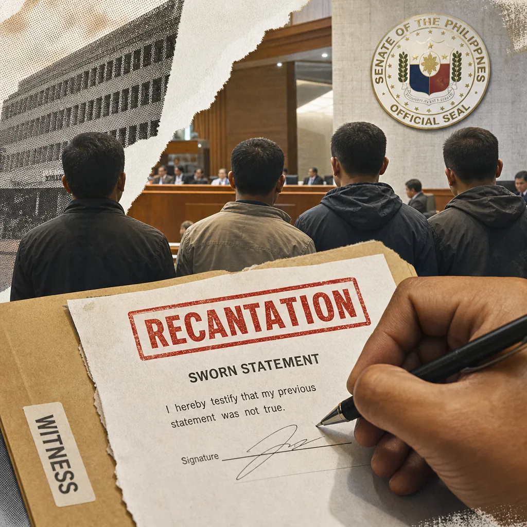 Four men with their backs to the camera stand in a courtroom facing a Senate panel, with the official seal of the Senate of the Philippines on the wall; in the foreground, a hand signs a sworn statement labeled "Recantation," illustrating the impeachment trial rocked as four "maleta boys" recant.