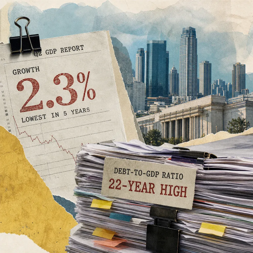 A collage showing a city skyline, a stack of documents labeled "Debt-to-GDP ratio 22-year high," and a report with "Growth 2.3% lowest in 5 years," illustrating Philippine Q2 GDP growth slows to 2.3%, debt hits 22-year high.