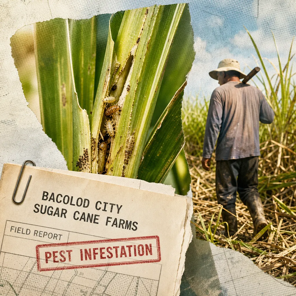 A collage showing a close-up of pests infesting sugarcane leaves, a farmer walking through a sugarcane field, and a field report labeled "Bacolod City Sugar Cane Farms" with a red stamp reading "Pest Infestation," illustrating the sugarcane pest crisis and resilience amid disruptions.
