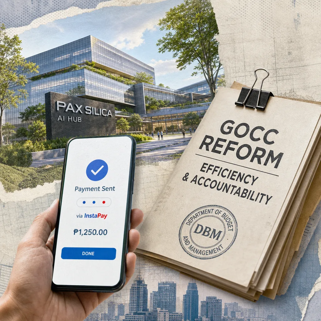 A hand holds a smartphone showing a digital payment confirmation, with a modern glass building labeled "Pax Silica AI Hub" in the background and a folder titled "GOCC Reform: Efficiency & Accountability" from the Department of Budget and Management, representing the Philippines debates US-led Pax Silica AI hub, digital payments growth, fintech trust, and government reforms.