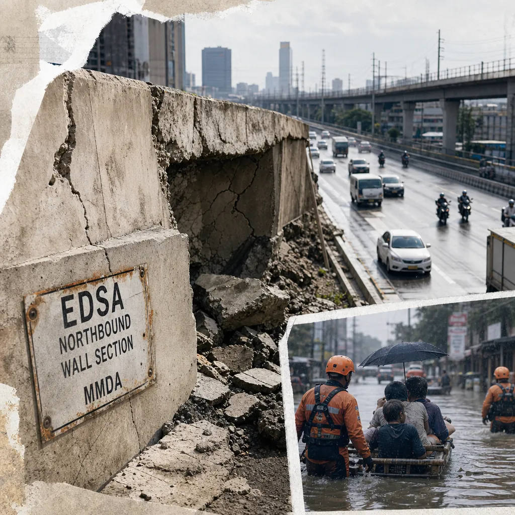 A crumbling EDSA northbound wall section with rubble scattered beside a busy highway, and an inset photo showing rescue workers helping people through deep monsoon flooding, illustrating EDSA wall collapse, monsoon flooding, and political controversies spark scrutiny of infrastructure, governance, and national security in the Philippines.