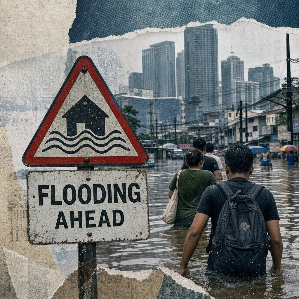 People wade through knee-deep floodwaters on a city street in Metro Manila, passing a weathered "Flooding Ahead" warning sign, with tall buildings and power lines in the background, illustrating severe flooding disrupts Metro Manila.