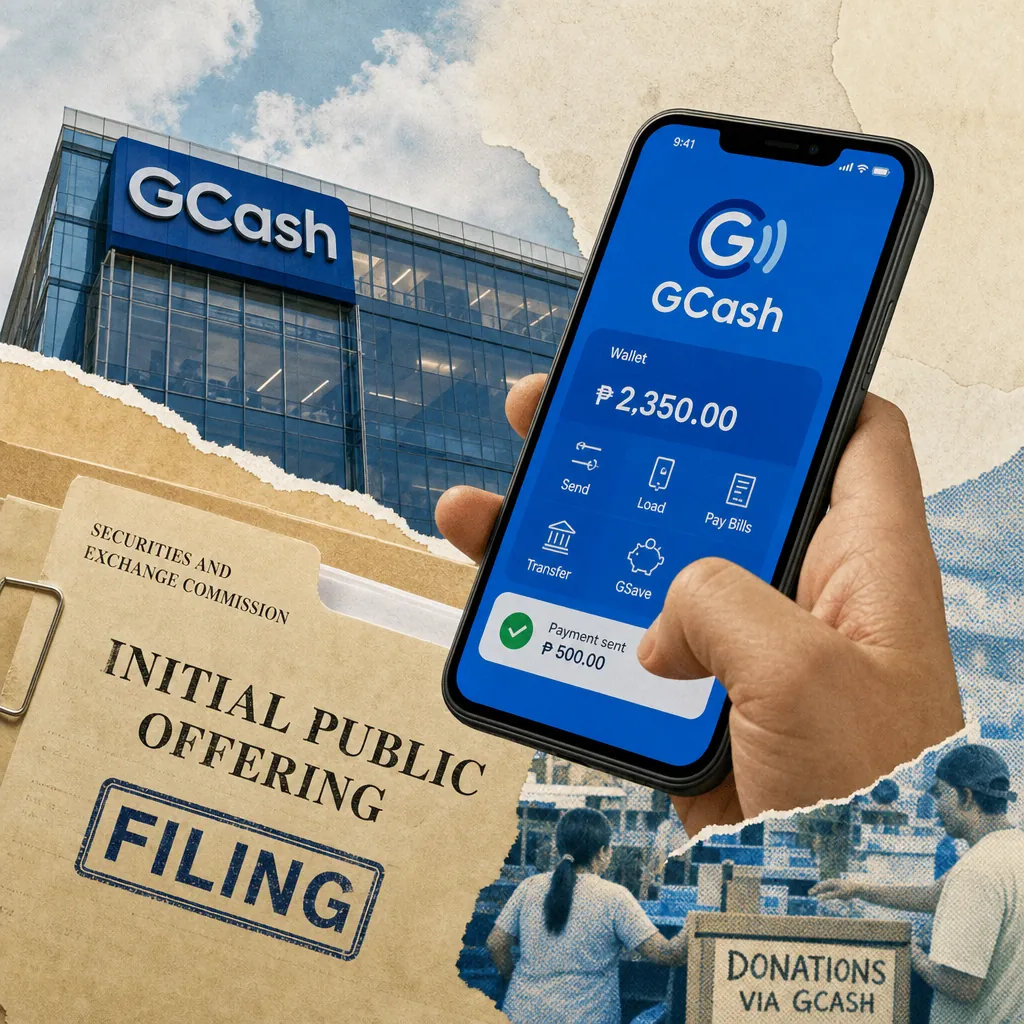 A smartphone displaying the GCash app is held in front of modern office buildings, with a large sign reading "GCash IPO Initial Public Offering" and the PSE (Philippine Stock Exchange) logo, illustrating the Philippine financial sector faces rising digital adoption, record consumer complaints, economic slowdown, fintech growth, and new challenges in fraud and disaster relief.