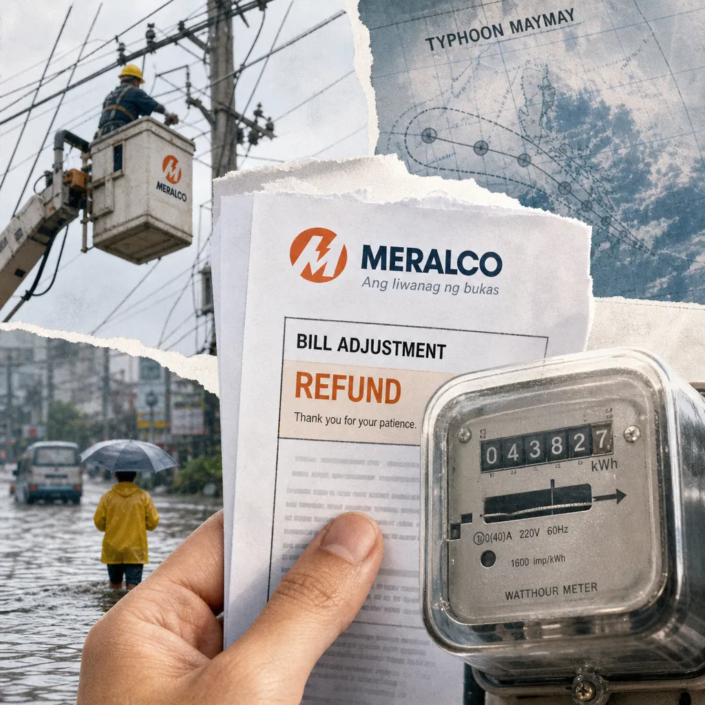 A collage showing a Meralco bill adjustment refund notice held in front of an electric meter, a Meralco worker repairing power lines, a flooded street with a person in a yellow raincoat holding an umbrella, and a weather map labeled Typhoon Maymay, illustrating Meralco refunds P0.59/kWh to consumers.