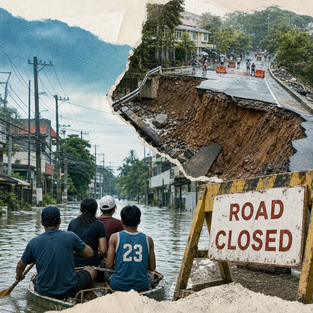 A collage showing severe monsoon rains in Luzon: people paddle a small boat through a flooded street, a major road is destroyed by a landslide, and a "road closed" sign blocks access, highlighting floods, landslides, infrastructure failures, and the urgent need for aid.