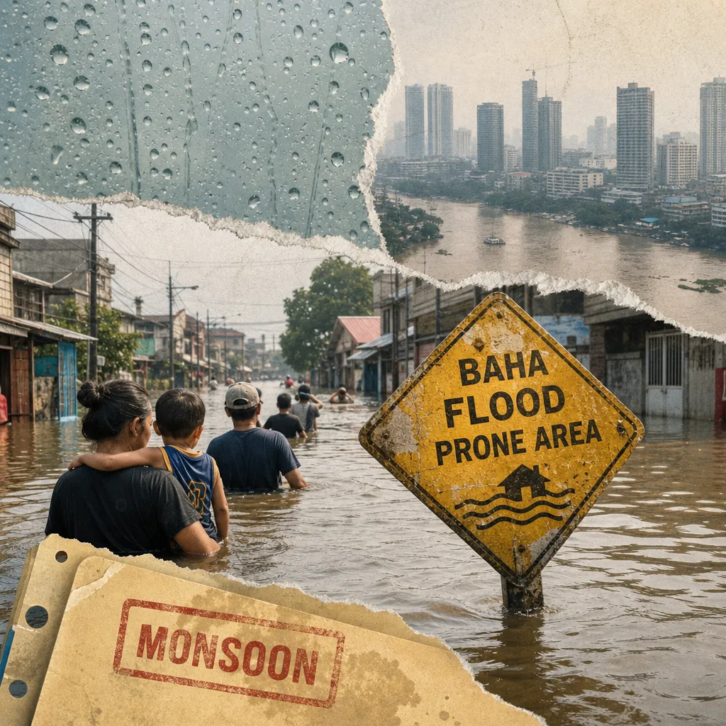 People wade through deep floodwaters on a city street in Luzon, passing a yellow "Baha Flood Prone Area" warning sign, with a collage of rain, city skyline, and the word "Monsoon" highlighting deadly monsoon floods hit Luzon.